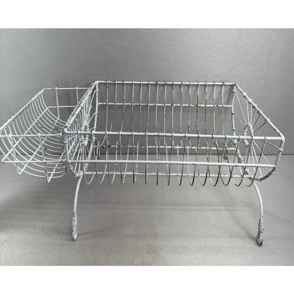 French Style Dish Rack White Wire Metal Farmhouse Counter Drying Rack VTG - Picture 9 of 13
